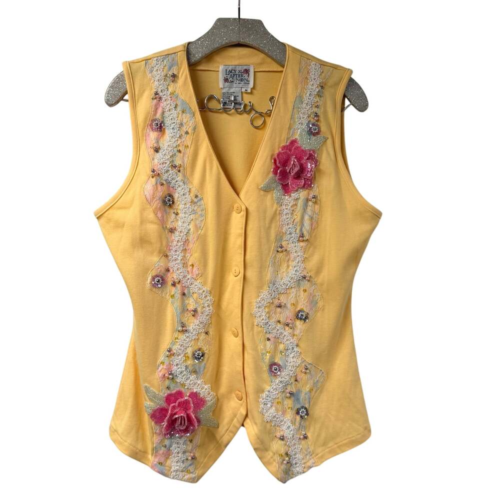Lacy After Noon Yellow Fitted Vest Lace Beaded Flower Vintage Medium